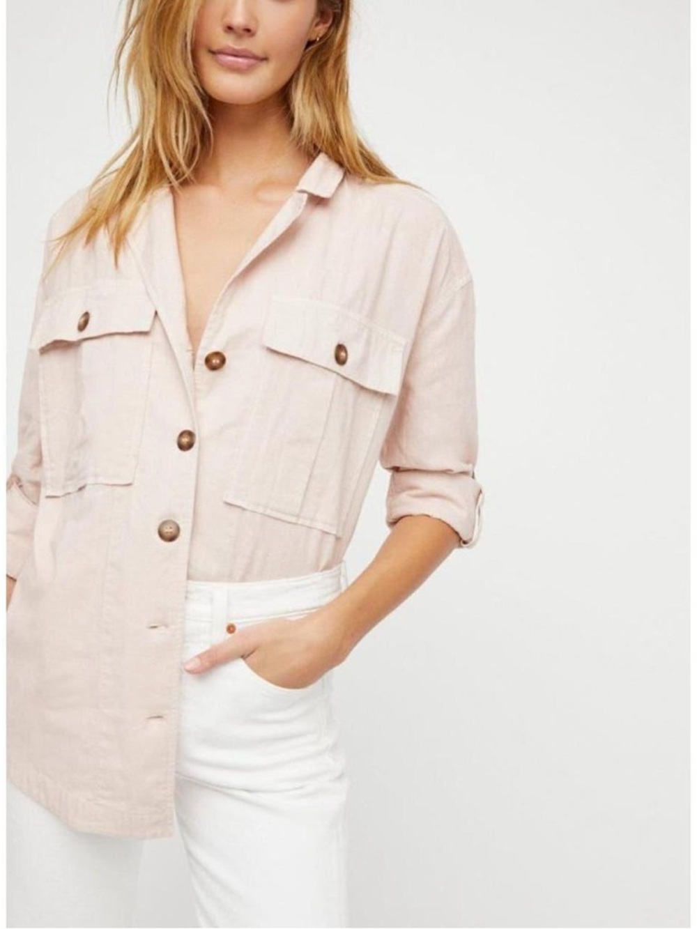 Free People Sunshine In My Pockets Pale Pink Linen/Cotton Button Up Shacket